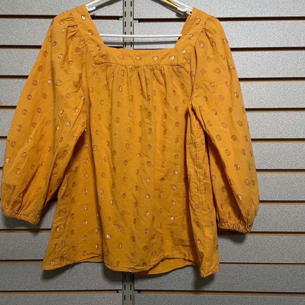 Lauren Conrad Yellow Gold Metallic Dot Square Neck 3/4 Sleeve Blouse XS